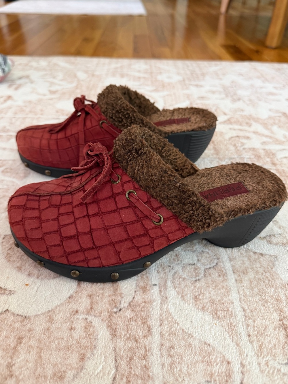 Perlina Burgundy Leather Mules with Brown Faux Fur Trim